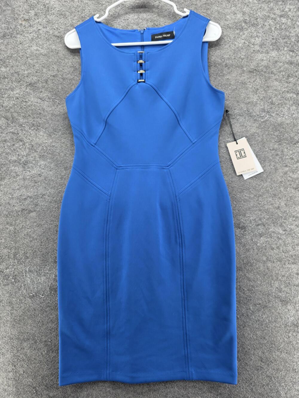 Ivanka Trump Dress Womens 8 Blue Sheath Knee Length Sleeveless Lined Zip Stretch